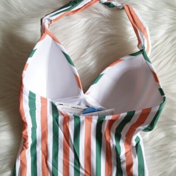 NEW White Green Orange  Stripe Halter Ruched One Piece Swimsuit Size Smll - Picture 6 of 8